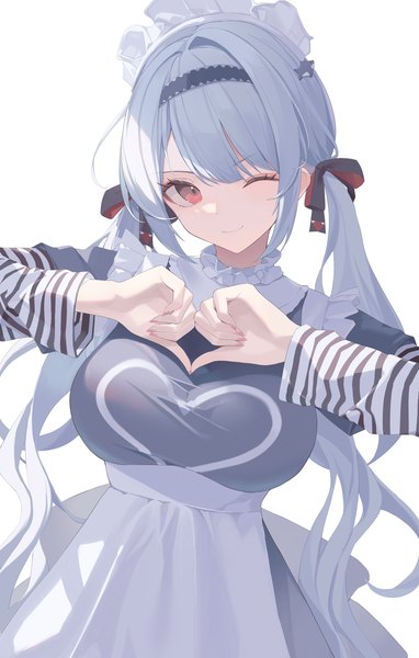 Anime picture 1433x2250 with original mizu (lzzrwi603) single long hair tall image looking at viewer simple background red eyes white background twintails silver hair one eye closed wink low twintails heart hands heart print girl headdress heart maid headdress