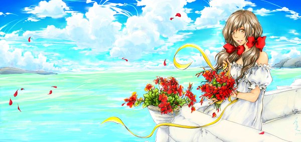 イラスト 3000x1420 と ヘタリア Axis Powers スタジオディーン seychelles (hetalia) wu ma zhi 長髪 カメラ目線 highres 開いた口 笑顔 茶色の髪 wide image ツインテール 肩出し 茶目 空 cloud (clouds) sunlight mountain 女の子 ドレス