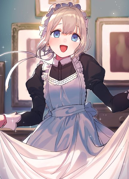 Anime picture 1500x2082 with idolmaster idolmaster shiny colors serizawa asahi signalviolet single tall image looking at viewer blush fringe short hair open mouth blue eyes smile standing indoors blunt bangs long sleeves :d grey hair maid