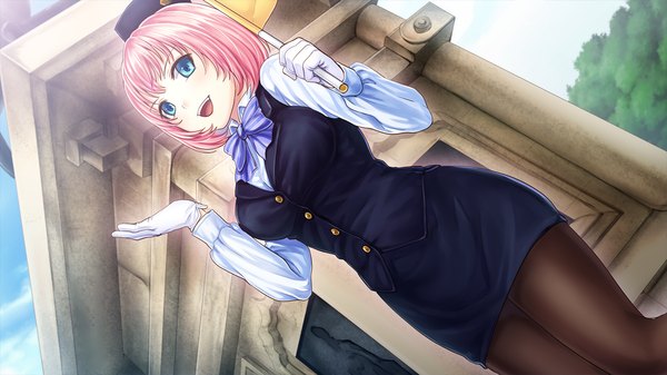 Anime picture 1280x720 with ayame no machi to ohimesama kazuharu kina single looking at viewer blush short hair breasts blue eyes smile wide image large breasts pink hair game cg sky cloud (clouds) girl skirt gloves uniform plant (plants)