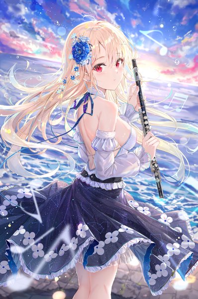 Anime picture 2511x3786 with original na kyo single long hair tall image looking at viewer fringe highres breasts light erotic blonde hair hair between eyes red eyes standing holding sky cloud (clouds) outdoors long sleeves hair flower
