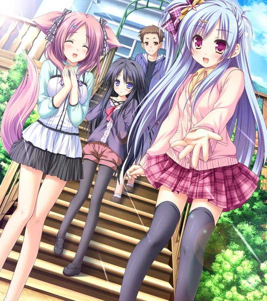 Anime picture 1280x1440 with sekai to sekai no mannaka de shiratori aira akane haruka tsukidate minori moekibara fumitake long hair tall image blush short hair open mouth blue eyes black hair smile brown hair purple eyes multiple girls animal ears blue hair pink hair game cg