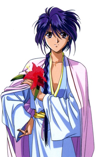 Anime picture 951x1500 with fushigi yuugi tamahome tagme (artist) single long hair tall image looking at viewer simple background white background brown eyes purple hair braid (braids) light smile wide sleeves hand on hip dark skin single braid boy flower (flowers)