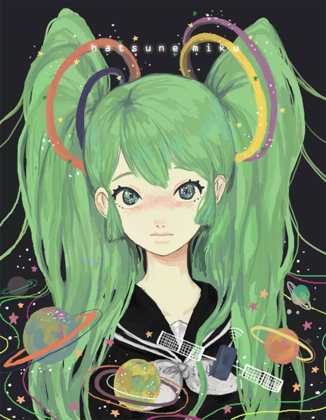 Anime picture 1000x1286 with vocaloid hatsune miku single long hair tall image looking at viewer blush fringe twintails green eyes green hair alternate costume alternate hairstyle girl shirt star (stars) planet