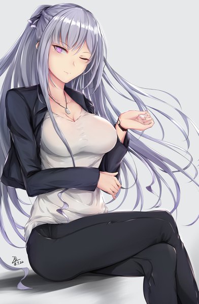 Anime picture 2210x3384 with girls frontline ak-12 (girls frontline) zhishi ge fangzhang single long hair tall image looking at viewer blush fringe highres breasts simple background smile hair between eyes sitting purple eyes signed payot cleavage silver hair