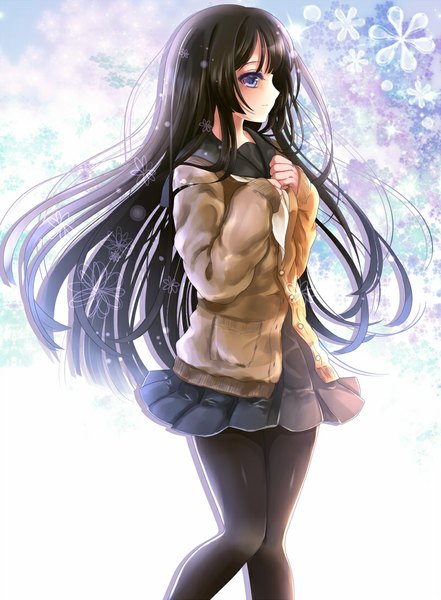 Anime picture 800x1089 with original puracotte single long hair tall image blue eyes black hair looking away girl skirt uniform school uniform jacket cardigan