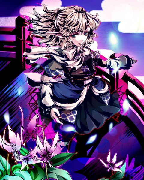 Anime picture 1024x1280 with touhou mizuhashi parsee awa toka single tall image short hair blonde hair smile green eyes wind pointy ears spread arms half updo girl dress flower (flowers) detached sleeves scarf