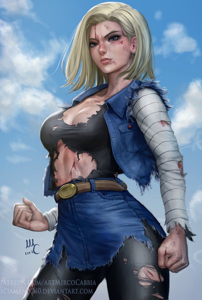 Anime picture 1481x2200 with dragon ball dragon ball z android 18 sciamano240 single tall image short hair breasts blue eyes light erotic blonde hair large breasts standing signed looking away sky cloud (clouds) outdoors long sleeves realistic