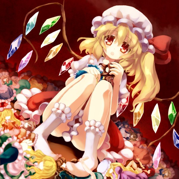 Anime picture 1200x1200 with touhou flandre scarlet gengetsu chihiro single looking at viewer short hair open mouth blonde hair red eyes sitting ponytail short sleeves puffy sleeves side ponytail doll joints girl dress ribbon (ribbons) hat wings