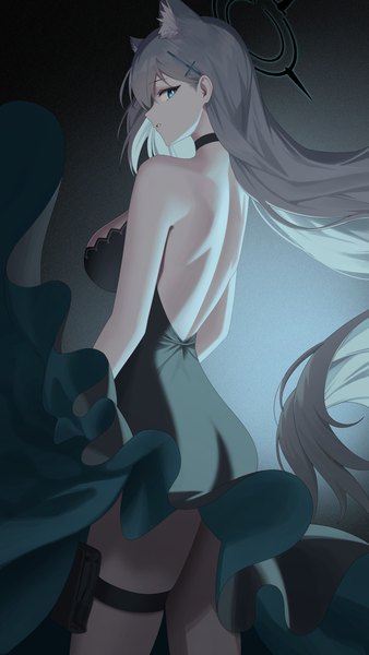 Anime picture 3000x5333 with blue archive shiroko (blue archive) shiroko terror (blue archive) re-leaf single long hair tall image looking at viewer fringe highres breasts blue eyes light erotic simple background hair between eyes large breasts standing animal ears profile grey hair