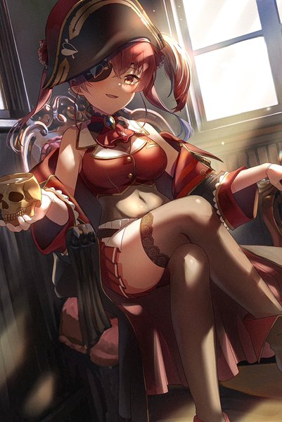 Anime picture 1637x2448 with virtual youtuber hololive houshou marine houshou marine (1st costume) eto sister single long hair tall image fringe hair between eyes red eyes sitting twintails red hair indoors sunlight crossed legs covered navel girl thighhighs