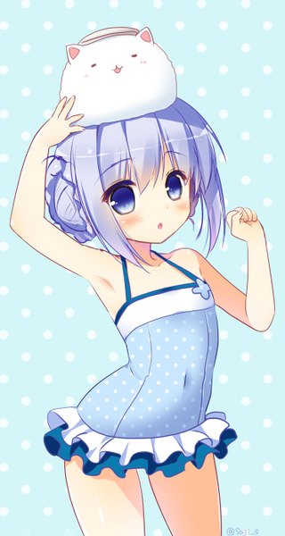 Anime picture 744x1392 with gochuumon wa usagi desu ka? white fox kafuu chino tippy (gochiusa) sasai saji single long hair tall image looking at viewer blush breasts open mouth blue eyes light erotic bare shoulders blue hair armpit (armpits) loli flat chest polka dot