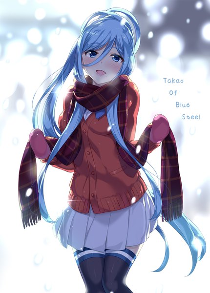 Anime picture 717x1000 with aoki hagane no arpeggio takao (aoki hagane no arpeggio) mutsumi masato single long hair tall image looking at viewer blush fringe open mouth blue eyes hair between eyes blue hair :d snowing girl thighhighs skirt black thighhighs miniskirt
