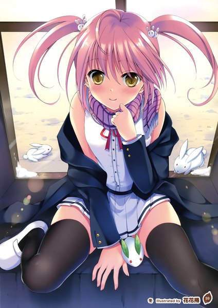 Anime picture 2547x3600 with girls, girls, girls! 10 (artbook) hanahanamaki single long hair tall image looking at viewer blush highres smile twintails yellow eyes pink hair scan official art girl thighhighs uniform black thighhighs school uniform animal