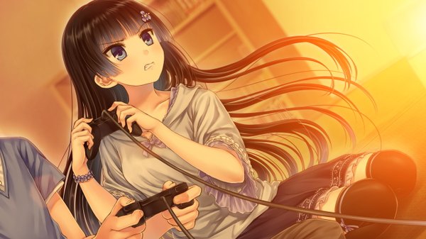 Anime picture 1280x720 with ayame no machi to ohimesama kazuharu kina long hair open mouth blue eyes black hair wide image sitting game cg teeth dutch angle evening sunset playing games girl thighhighs boy skirt hair ornament black thighhighs