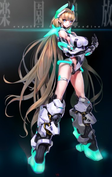 Anime picture 1493x2359 with expelled from paradise angela balzac yd (orange maru) single tall image looking at viewer fringe breasts blue eyes light erotic blonde hair large breasts standing twintails very long hair sleeveless low twintails glow hime cut girl