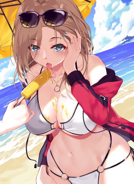 Anime picture 2480x3400 with original aoi (buzhuen444) long hair tall image looking at viewer blush fringe highres breasts blue eyes light erotic blonde hair hair between eyes large breasts standing bare shoulders holding sky cleavage cloud (clouds)