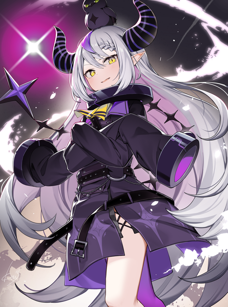 Anime picture 1334x1800 with virtual youtuber hololive la+ darknesss la+ darknesss (1st costume) crow (la+ darknesss) ikomochi single tall image fringe hair between eyes standing yellow eyes silver hair long sleeves very long hair horn (horns) pointy ears from below crossed arms slit pupils