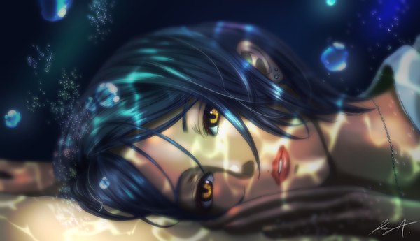 Anime picture 1436x828 with idolmaster idolmaster cinderella girls hayami kanade koya (koya x 00) single looking at viewer short hair wide image signed yellow eyes blue hair parted lips lips lipstick close-up face underwater red lipstick girl earrings