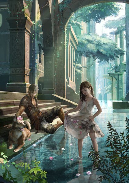 Anime picture 1000x1414 with original hage2013 long hair tall image short hair brown hair sitting brown eyes grey hair realistic girl dress boy flower (flowers) plant (plants) animal tree (trees) water sundress dog