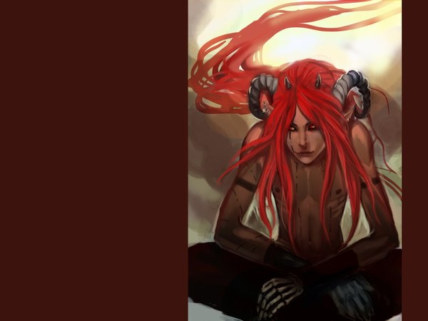 Anime picture 1600x1200 with original anndr (artist) single long hair red eyes sitting red hair very long hair horn (horns) pointy ears piercing crossed arms demon demon boy boy earrings