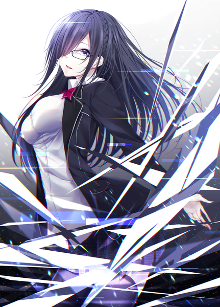 Anime picture 1294x1800 with original yoaferia single long hair tall image looking at viewer fringe breasts open mouth black hair large breasts standing payot braid (braids) pleated skirt black eyes hair over one eye grey background floating hair plaid skirt