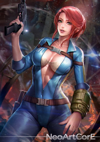 Anime picture 800x1132 with fallout fallout 4 lone wanderer nudtawut thongmai single tall image looking at viewer short hair breasts light erotic large breasts standing green eyes signed payot red hair parted lips arm up lips realistic