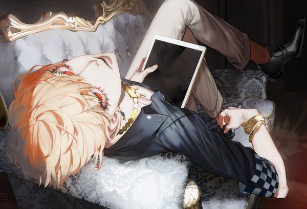 Anime picture 1200x819 with fate (series) fate/grand order gilgamesh (fate) gilgamesh (caster) (fate) au (d elite) single looking at viewer short hair blonde hair red eyes lying parted lips head tilt fingernails lips crossed legs establishment (fate/grand order) boy earrings shirt