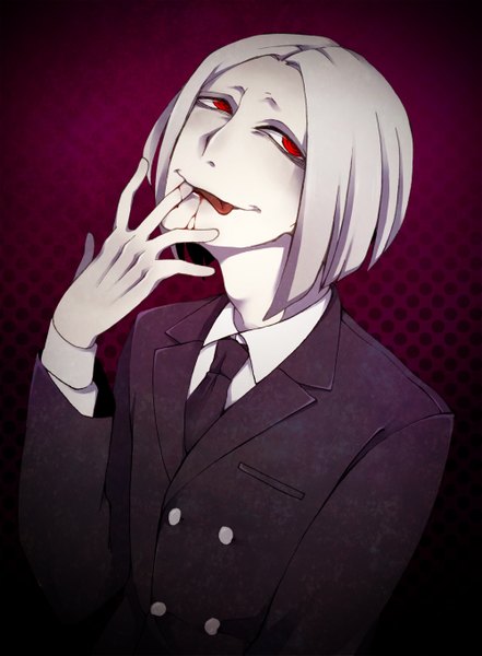 Anime picture 1000x1361 with original sakujou kon single tall image short hair blonde hair simple background smile red eyes looking away white hair long sleeves light smile looking up pale skin licking finger licking boy shirt necktie