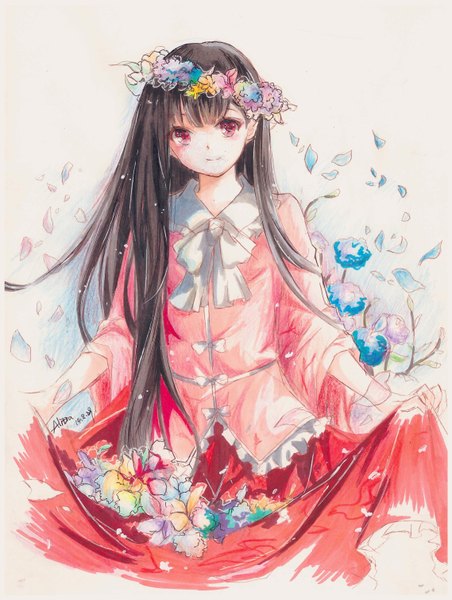 Anime picture 2276x3018 with touhou houraisan kaguya alitia single long hair tall image looking at viewer blush fringe highres black hair smile red eyes signed traditional media girl flower (flowers) petals wreath