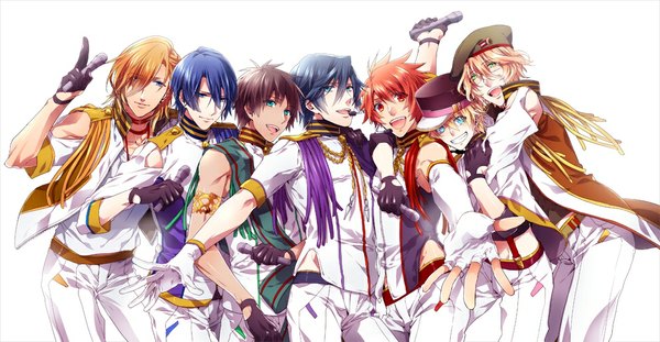 Anime picture 1000x519 with uta no prince-sama a-1 pictures jinguji ren hijirikawa masato ichinose tokiya ittoki otoya kurusu shou shinomiya natsuki aijima cecil nakagawa waka short hair open mouth blue eyes simple background blonde hair smile red eyes brown hair wide image white background