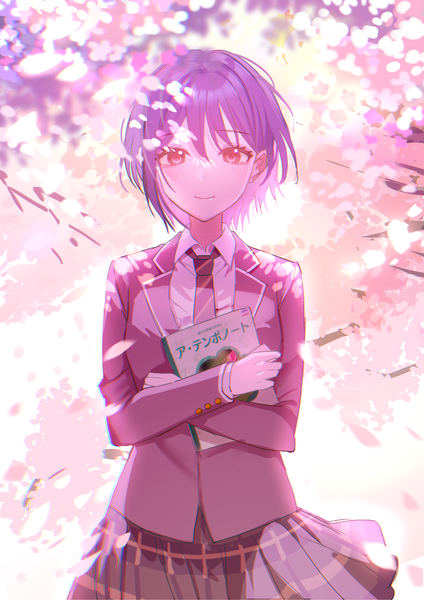 Anime picture 2480x3508 with bang dream! bang dream! it's mygo!!!!! takamatsu tomori kanta (pixiv9296614) single tall image looking at viewer fringe highres short hair breasts black hair smile hair between eyes red eyes standing holding outdoors cherry blossoms girl