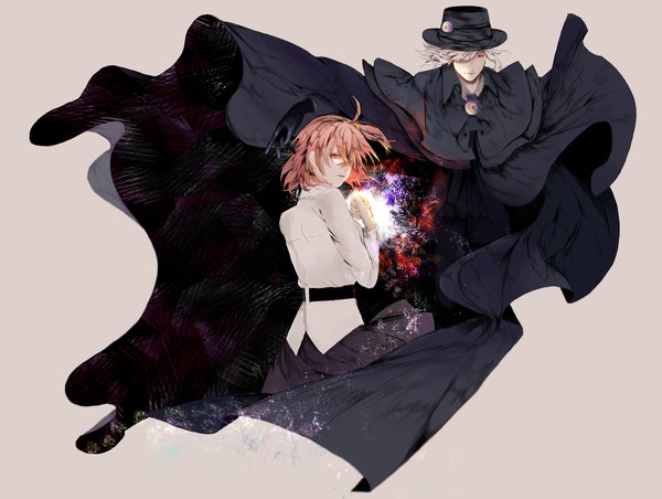 Anime picture 1994x1504 with fate (series) fate/grand order fujimaru ritsuka (female) edmond dantes (fate/grand order) neronero00 looking at viewer fringe highres simple background red eyes silver hair hair over one eye orange hair grey background side ponytail girl boy hat cloak