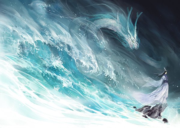 Anime picture 1300x925 with original na yan long hair black hair standing traditional clothes sleeves past wrists chinese clothes fantasy rock storm boy dragon stone (stones) wave (waves)