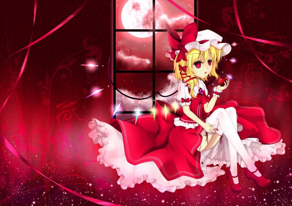 Anime picture 1200x848 with touhou flandre scarlet cloudy.r single short hair blonde hair night loli girl thighhighs ribbon (ribbons) white thighhighs wings window moon full moon fruit apple