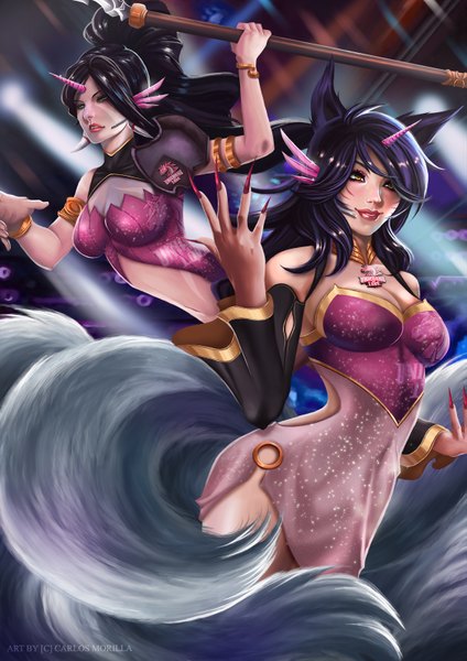 Anime picture 1131x1600 with league of legends ahri (league of legends) nidalee (league of legends) cmorilla (artist) long hair tall image fringe breasts black hair smile multiple girls green eyes animal ears yellow eyes purple hair ponytail tail nail polish horn (horns) fingernails