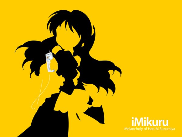 Anime picture 1024x768 with suzumiya haruhi no yuutsu kyoto animation ipod asahina mikuru maid yellow background silhouette parody girl