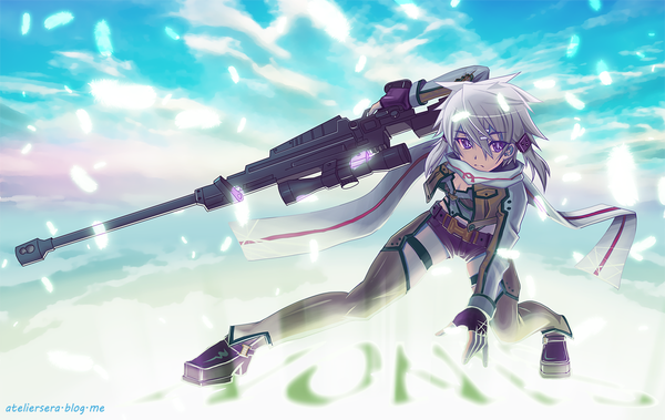 Anime picture 1200x758 with sword art online a-1 pictures asada shino seraph (ateliersera) single looking at viewer short hair purple eyes blue hair girl gloves weapon shorts scarf fingerless gloves gun feather (feathers) sniper rifle