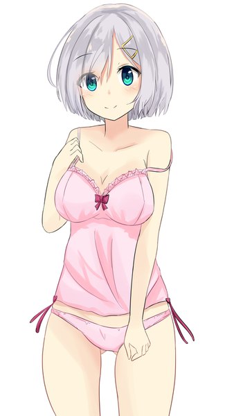 Anime picture 961x1771 with kantai collection hamakaze destroyer kugehi single tall image looking at viewer blush fringe short hair breasts light erotic simple background smile hair between eyes large breasts standing white background bare shoulders silver hair aqua eyes