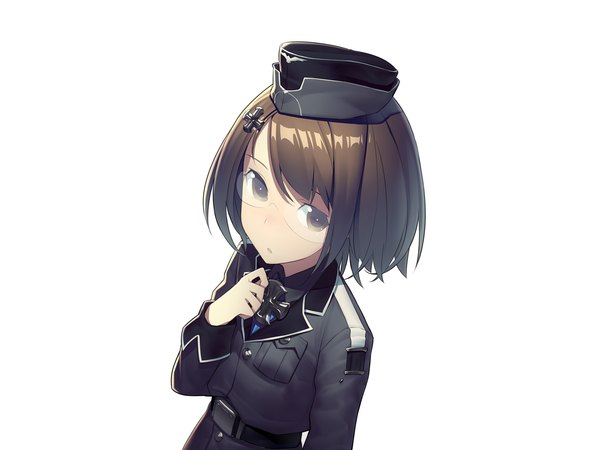 Anime picture 1280x960 with daiteikoku ermi doenitz tagme (artist) single looking at viewer short hair brown hair white background brown eyes wallpaper nazi girl uniform hair ornament hat glasses cross military uniform field cap