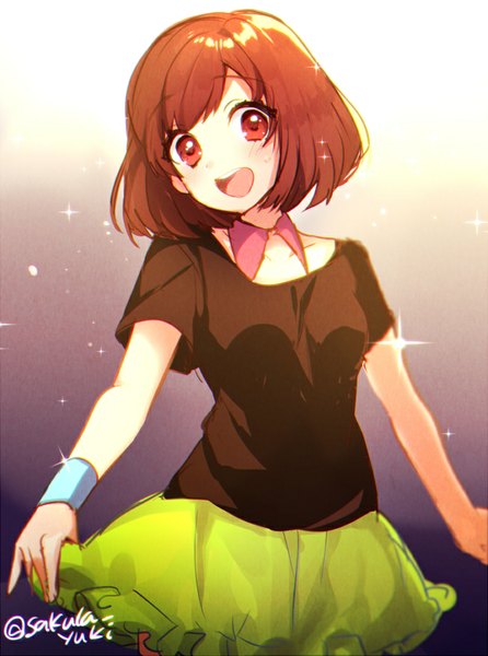 Anime picture 800x1077 with tokyo 7th sisters kasukabe haru sakura yuki (clochette) single tall image looking at viewer blush fringe short hair breasts open mouth red eyes brown hair standing holding signed head tilt :d teeth short sleeves