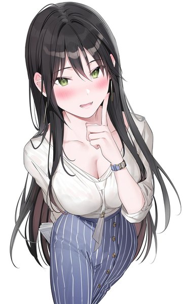 Anime picture 726x1200 with original xretakex single long hair tall image looking at viewer blush fringe breasts open mouth black hair simple background smile hair between eyes large breasts standing white background holding green eyes cleavage