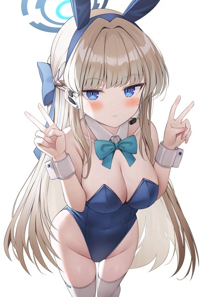 Anime-Bild 1768x2500 mit blue archive toki (blue archive) toki (bunny) (blue archive) pluto (97dwnstjq) single long hair tall image looking at viewer blush highres breasts blue eyes light erotic simple background blonde hair large breasts standing white background animal ears braid (braids)