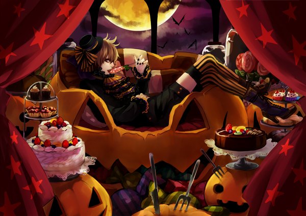 Anime picture 2000x1414 with original kuro chiikawa looking at viewer highres short hair blonde hair brown eyes lying nail polish profile night lipstick halloween girl thighhighs hat food boots sweets striped thighhighs