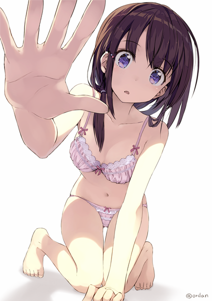 Anime-Bild 742x1050 mit original orda single long hair tall image looking at viewer blush fringe open mouth light erotic simple background brown hair white background purple eyes signed payot barefoot :o shadow underwear only
