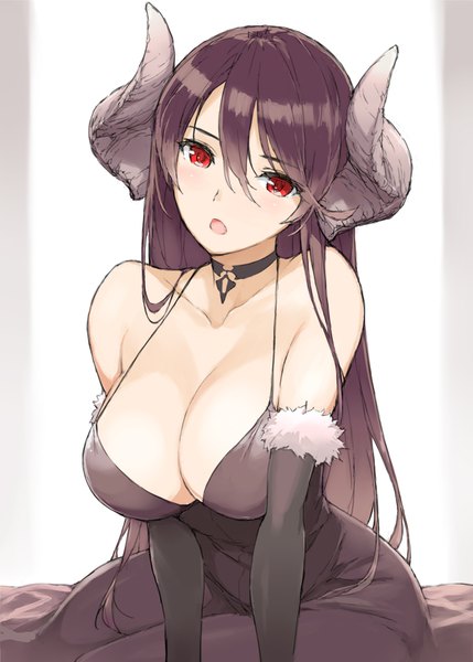 Anime picture 756x1058 with original morisawa haruyuki single long hair tall image looking at viewer blush fringe breasts open mouth light erotic simple background hair between eyes red eyes brown hair large breasts white background sitting bare shoulders head tilt