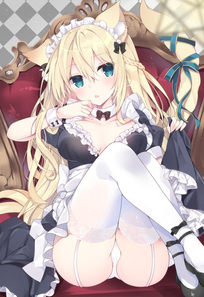 Anime picture 1374x2000 with original satsuki mayuri single long hair tall image looking at viewer blush fringe breasts blue eyes light erotic blonde hair sitting animal ears cleavage tail braid (braids) animal tail cat ears maid