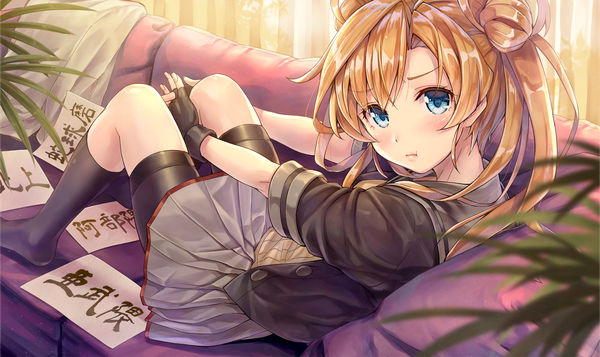 Anime picture 1601x954 with kantai collection abukuma light cruiser kotatsu (kotatsu358) single long hair looking at viewer blush fringe blue eyes blonde hair hair between eyes wide image twintails lying pleated skirt looking back from behind short sleeves on back no shoes