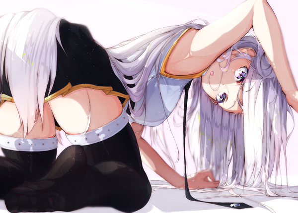 Anime picture 1729x1241 with azur lane enterprise (azur lane) murata ryou single long hair looking at viewer highres light erotic simple background white background purple eyes silver hair ass pleated skirt :o shadow armpit (armpits) no shoes zettai ryouiki sleeveless