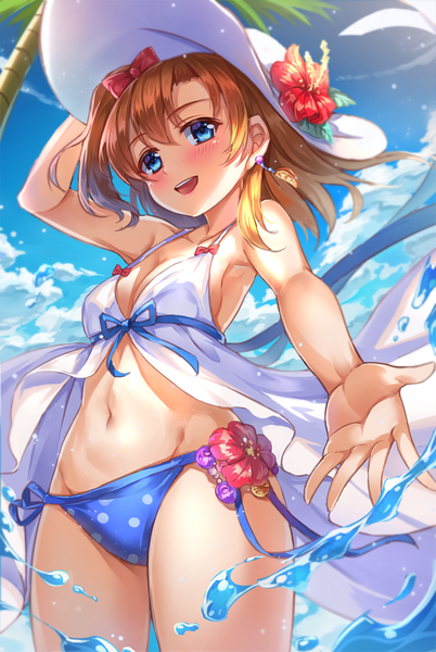 Anime picture 671x1000 with love live! school idol project sunrise (studio) love live! kousaka honoka miazi single tall image blush short hair breasts open mouth blue eyes light erotic brown hair one side up groin girl navel flower (flowers) swimsuit